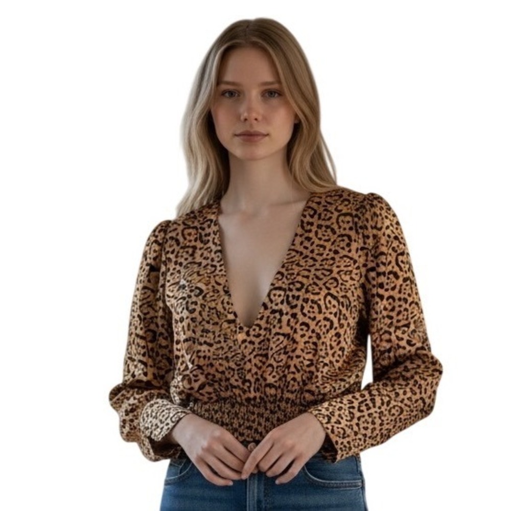 Good American Leopard Print Crop Blouse Size 1